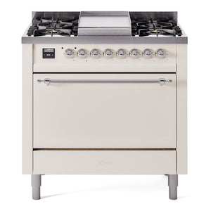 ILVE Nostalgie II 36-Inch Dual Fuel Range with 6 Sealed Burners + Griddle, 3.5 cu. ft. Oven, Antique White with Chrome Trim, Liquid Propane, Solid Door, UP36FQNMPAWCLP