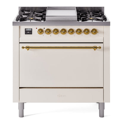 ILVE Nostalgie II 36-Inch Dual Fuel Range with 6 Sealed Burners + Griddle, 3.5 cu. ft. Oven, Antique White with Brass Trim, Liquid Propane, Solid Door, UP36FQNMPAWGLP