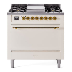 ILVE Nostalgie II 36-Inch Dual Fuel Range with 6 Sealed Burners + Griddle, 3.5 cu. ft. Oven, Antique White with Brass Trim, Natural Gas, Solid Door, UP36FQNMPAWG