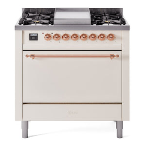ILVE Nostalgie II 36-Inch Dual Fuel Range with 6 Sealed Burners + Griddle, 3.5 cu. ft. Oven, Antique White with Copper Trim, Liquid Propane, Solid Door, UP36FQNMPAWPLP