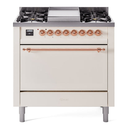 ILVE Nostalgie II 36-Inch Dual Fuel Range with 6 Sealed Burners + Griddle, 3.5 cu. ft. Oven, Antique White with Copper Trim, Liquid Propane, Solid Door, UP36FQNMPAWPLP