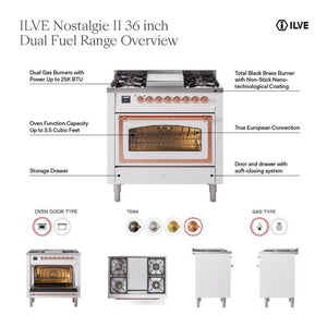 ILVE Nostalgie II 36-Inch Dual Fuel Range with 6 Sealed Burners + Griddle, 3.5 cu. ft. Oven, Antique White with Copper Trim, Liquid Propane, Solid Door, UP36FQNMPAWPLP