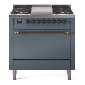 ILVE Nostalgie II 36-Inch Dual Fuel Range with 6 Sealed Burners + Griddle, 3.5 cu. ft. Oven, Blue Grey with Burnished Trim, Liquid Propane, Solid Door, UP36FQNMPBGBLP
