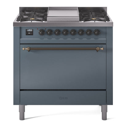 ILVE Nostalgie II 36-Inch Dual Fuel Range with 6 Sealed Burners + Griddle, 3.5 cu. ft. Oven, Blue Grey with Burnished Trim, Liquid Propane, Solid Door, UP36FQNMPBGBLP