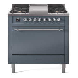 ILVE Nostalgie II 36-Inch Dual Fuel Range with 6 Sealed Burners + Griddle, 3.5 cu. ft. Oven, Blue Grey with Chrome Trim, Liquid Propane, Solid Door, UP36FQNMPBGCLP