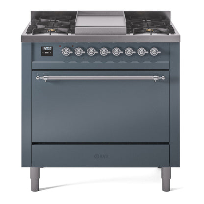ILVE Nostalgie II 36-Inch Dual Fuel Range with 6 Sealed Burners + Griddle, 3.5 cu. ft. Oven, Blue Grey with Chrome Trim, Natural Gas, Solid Door, UP36FQNMPBGC