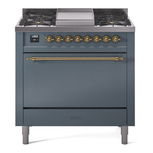 ILVE Nostalgie II 36-Inch Dual Fuel Range with 6 Sealed Burners + Griddle, 3.5 cu. ft. Oven, Blue Grey with Brass Trim, Liquid Propane, Solid Door, UP36FQNMPBGGLP
