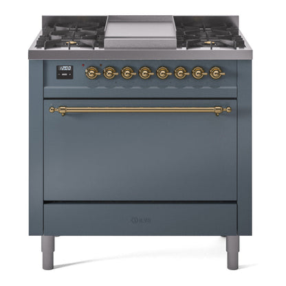 ILVE Nostalgie II 36-Inch Dual Fuel Range with 6 Sealed Burners + Griddle, 3.5 cu. ft. Oven, Blue Grey with Brass Trim, Liquid Propane, Solid Door, UP36FQNMPBGGLP