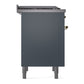 ILVE Nostalgie II 36-Inch Dual Fuel Range with 6 Sealed Burners + Griddle, 3.5 cu. ft. Oven, Blue Grey with Brass Trim, Liquid Propane, Solid Door, UP36FQNMPBGGLP