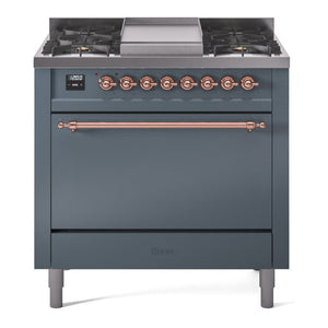 ILVE Nostalgie II 36-Inch Dual Fuel Range with 6 Sealed Burners + Griddle, 3.5 cu. ft. Oven, Blue Grey with Copper Trim, Liquid Propane, Solid Door, UP36FQNMPBGPLP