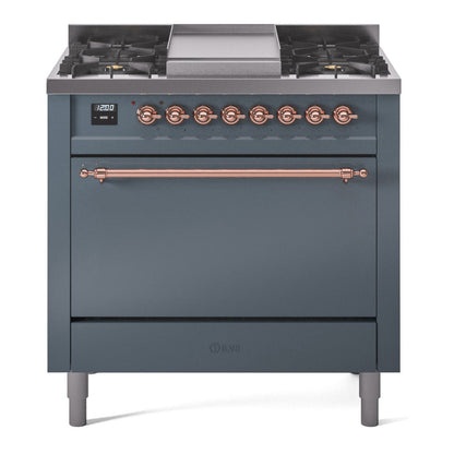 ILVE Nostalgie II 36-Inch Dual Fuel Range with 6 Sealed Burners + Griddle, 3.5 cu. ft. Oven, Blue Grey with Copper Trim, Natural Gas, Solid Door, UP36FQNMPBGP