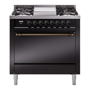 ILVE Nostalgie II 36-Inch Dual Fuel Range with 6 Sealed Burners + Griddle, 3.5 cu. ft. Oven, Glossy Black with Burnished Trim, Liquid Propane, Solid Door, UP36FQNMPBKBLP