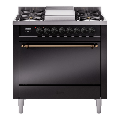 ILVE Nostalgie II 36-Inch Dual Fuel Range with 6 Sealed Burners + Griddle, 3.5 cu. ft. Oven, Glossy Black with Burnished Trim, Natural Gas, Solid Door, UP36FQNMPBKB