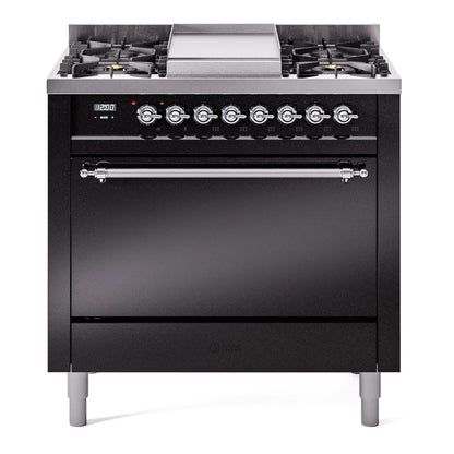 ILVE Nostalgie II 36-Inch Dual Fuel Range with 6 Sealed Burners + Griddle, 3.5 cu. ft. Oven, Glossy Black with Chrome Trim, Natural Gas, Solid Door, UP36FQNMPBKC