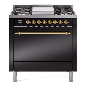 ILVE Nostalgie II 36-Inch Dual Fuel Range with 6 Sealed Burners + Griddle, 3.5 cu. ft. Oven, Glossy Black with Brass Trim, Liquid Propane, Solid Door, UP36FQNMPBKGLP