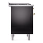 ILVE Nostalgie II 36-Inch Dual Fuel Range with 6 Sealed Burners + Griddle, 3.5 cu. ft. Oven, Glossy Black with Brass Trim, Liquid Propane, Solid Door, UP36FQNMPBKGLP