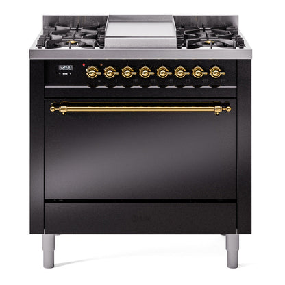 ILVE Nostalgie II 36-Inch Dual Fuel Range with 6 Sealed Burners + Griddle, 3.5 cu. ft. Oven, Glossy Black with Brass Trim, Natural Gas, Solid Door, UP36FQNMPBKG