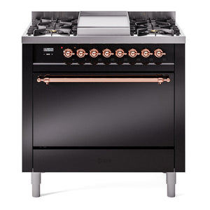 ILVE Nostalgie II 36-Inch Dual Fuel Range with 6 Sealed Burners + Griddle, 3.5 cu. ft. Oven, Glossy Black with Copper Trim, Natural Gas, Solid Door, UP36FQNMPBKP
