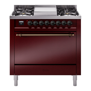 ILVE Nostalgie II 36-Inch Dual Fuel Range with 6 Sealed Burners + Griddle, 3.5 cu. ft. Oven, Burgundy with Burnished Trim, Natural Gas, Solid Door, UP36FQNMPBUB