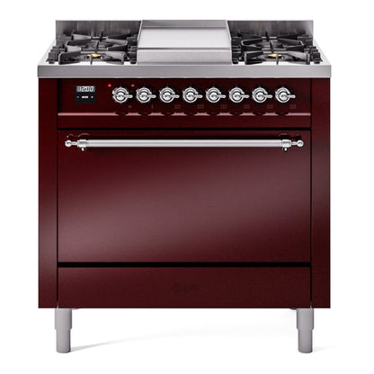ILVE Nostalgie II 36-Inch Dual Fuel Range with 6 Sealed Burners + Griddle, 3.5 cu. ft. Oven, Burgundy with Chrome Trim, Natural Gas, Solid Door, UP36FQNMPBUC