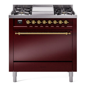 ILVE Nostalgie II 36-Inch Dual Fuel Range with 6 Sealed Burners + Griddle, 3.5 cu. ft. Oven, Burgundy with Brass Trim, Liquid Propane, Solid Door, UP36FQNMPBUGLP
