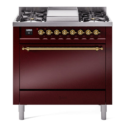 ILVE Nostalgie II 36-Inch Dual Fuel Range with 6 Sealed Burners + Griddle, 3.5 cu. ft. Oven, Burgundy with Brass Trim, Natural Gas, Solid Door, UP36FQNMPBUG