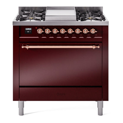 ILVE Nostalgie II 36-Inch Dual Fuel Range with 6 Sealed Burners + Griddle, 3.5 cu. ft. Oven, Burgundy with Copper Trim, Natural Gas, Solid Door, UP36FQNMPBUP