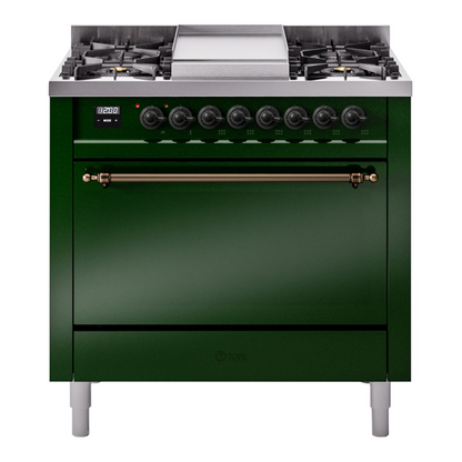 ILVE Nostalgie II 36-Inch Dual Fuel Range with 6 Sealed Burners + Griddle, 3.5 cu. ft. Oven, Emerald Green with Burnished Trim, Natural Gas, Solid Door, UP36FQNMPEGB