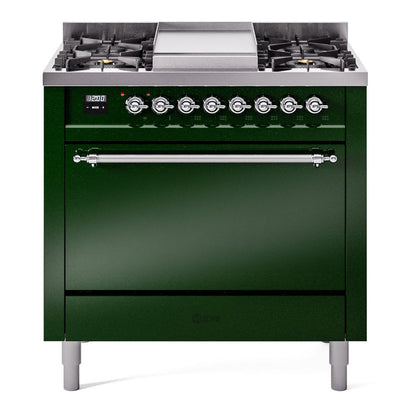 ILVE Nostalgie II 36-Inch Dual Fuel Range with 6 Sealed Burners + Griddle, 3.5 cu. ft. Oven, Emerald Green with Chrome Trim, Liquid Propane, Solid Door, UP36FQNMPEGCLP