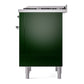 ILVE Nostalgie II 36-Inch Dual Fuel Range with 6 Sealed Burners + Griddle, 3.5 cu. ft. Oven, Emerald Green with Chrome Trim, Liquid Propane, Solid Door, UP36FQNMPEGCLP