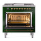 ILVE Nostalgie II 36-Inch Dual Fuel Range with 6 Sealed Burners + Griddle, 3.5 cu. ft. Oven, Emerald Green with Brass Trim, Liquid Propane, Solid Door, UP36FQNMPEGGLP