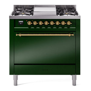 ILVE Nostalgie II 36-Inch Dual Fuel Range with 6 Sealed Burners + Griddle, 3.5 cu. ft. Oven, Emerald Green with Brass Trim, Natural Gas, Solid Door, UP36FQNMPEGG