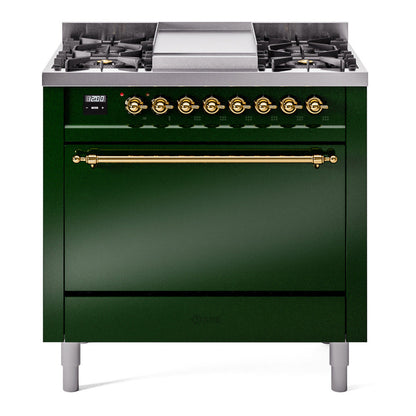 ILVE Nostalgie II 36-Inch Dual Fuel Range with 6 Sealed Burners + Griddle, 3.5 cu. ft. Oven, Emerald Green with Brass Trim, Natural Gas, Solid Door, UP36FQNMPEGG