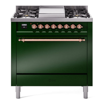 ILVE Nostalgie II 36-Inch Dual Fuel Range with 6 Sealed Burners + Griddle, 3.5 cu. ft. Oven, Emerald Green with Copper Trim, Natural Gas, Solid Door, UP36FQNMPEGP