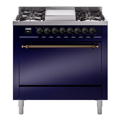 ILVE Nostalgie II 36-Inch Dual Fuel Range with 6 Sealed Burners + Griddle, 3.5 cu. ft. Oven, Midnight Blue with Burnished Trim, Liquid Propane, Solid Door, UP36FQNMPMBBLP