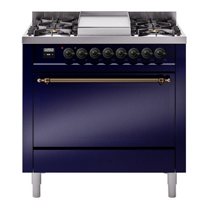 ILVE Nostalgie II 36-Inch Dual Fuel Range with 6 Sealed Burners + Griddle, 3.5 cu. ft. Oven, Midnight Blue with Burnished Trim, Natural Gas, Solid Door, UP36FQNMPMBB
