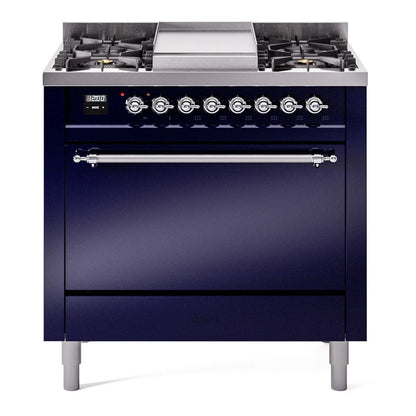ILVE Nostalgie II 36-Inch Dual Fuel Range with 6 Sealed Burners + Griddle, 3.5 cu. ft. Oven, Midnight Blue with Chrome Trim, Liquid Propane, Solid Door, UP36FQNMPMBCLP