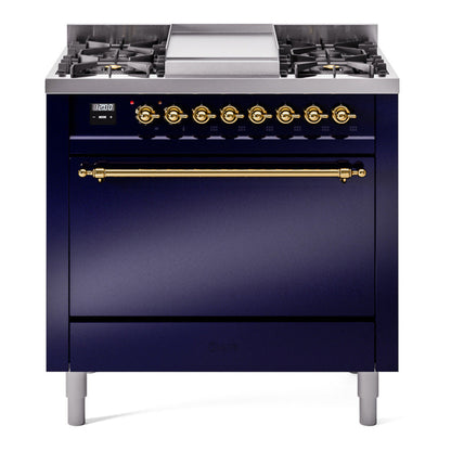 ILVE Nostalgie II 36-Inch Dual Fuel Range with 6 Sealed Burners + Griddle, 3.5 cu. ft. Oven, Midnight Blue with Brass Trim, Liquid Propane, Solid Door, UP36FQNMPMBGLP