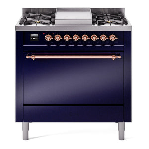 ILVE Nostalgie II 36-Inch Dual Fuel Range with 6 Sealed Burners + Griddle, 3.5 cu. ft. Oven, Midnight Blue with Copper Trim, Natural Gas, Solid Door, UP36FQNMPMBP