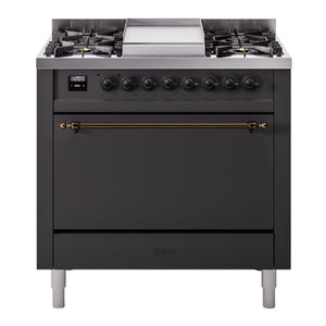 ILVE Nostalgie II 36-Inch Dual Fuel Range with 6 Sealed Burners + Griddle, 3.5 cu. ft. Oven, Graphite Matte with Burnished Trim, Liquid Propane, Solid Door, UP36FQNMPMGBLP