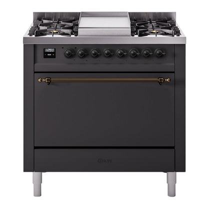 ILVE Nostalgie II 36-Inch Dual Fuel Range with 6 Sealed Burners + Griddle, 3.5 cu. ft. Oven, Graphite Matte with Burnished Trim, Liquid Propane, Solid Door, UP36FQNMPMGBLP