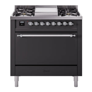 ILVE Nostalgie II 36-Inch Dual Fuel Range with 6 Sealed Burners + Griddle, 3.5 cu. ft. Oven, Graphite Matte with Chrome Trim, Liquid Propane, Solid Door, UP36FQNMPMGCLP