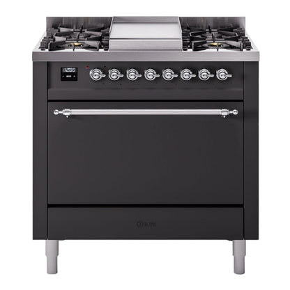 ILVE Nostalgie II 36-Inch Dual Fuel Range with 6 Sealed Burners + Griddle, 3.5 cu. ft. Oven, Graphite Matte with Chrome Trim, Liquid Propane, Solid Door, UP36FQNMPMGCLP