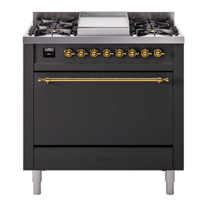 ILVE Nostalgie II 36-Inch Dual Fuel Range with 6 Sealed Burners + Griddle, 3.5 cu. ft. Oven, Graphite Matte with Brass Trim, Natural Gas, Solid Door, UP36FQNMPMGG
