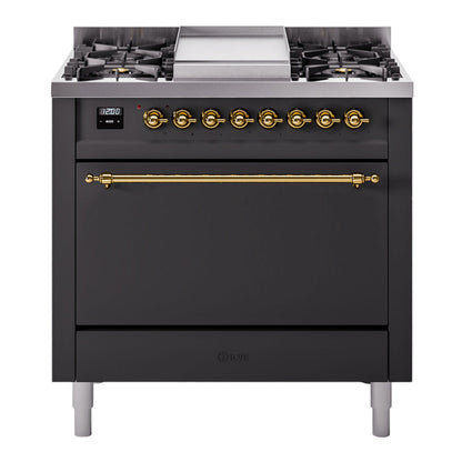 ILVE Nostalgie II 36-Inch Dual Fuel Range with 6 Sealed Burners + Griddle, 3.5 cu. ft. Oven, Graphite Matte with Brass Trim, Natural Gas, Solid Door, UP36FQNMPMGG