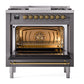 ILVE Nostalgie II 36-Inch Dual Fuel Range with 6 Sealed Burners + Griddle, 3.5 cu. ft. Oven, Graphite Matte with Brass Trim, Natural Gas, Solid Door, UP36FQNMPMGG