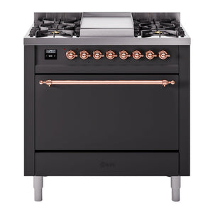 ILVE Nostalgie II 36-Inch Dual Fuel Range with 6 Sealed Burners + Griddle, 3.5 cu. ft. Oven, Graphite Matte with Copper Trim, Liquid Propane, Solid Door, UP36FQNMPMGPLP