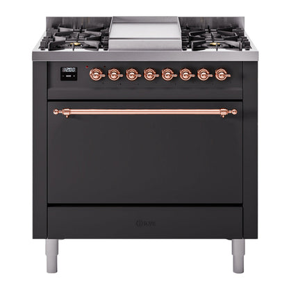 ILVE Nostalgie II 36-Inch Dual Fuel Range with 6 Sealed Burners + Griddle, 3.5 cu. ft. Oven, Graphite Matte with Copper Trim, Liquid Propane, Solid Door, UP36FQNMPMGPLP