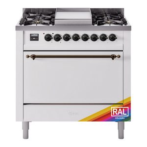 ILVE Nostalgie II 36-Inch Dual Fuel Range with 6 Sealed Burners + Griddle, 3.5 cu. ft. Oven, RAL with Burnished Trim, Natural Gas, Solid Door, UP36FQNMPRAB