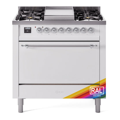 ILVE Nostalgie II 36-Inch Dual Fuel Range with 6 Sealed Burners + Griddle, 3.5 cu. ft. Oven, RAL with Chrome Trim, Liquid Propane, Solid Door, UP36FQNMPRACLP